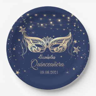 Masquerade, Navy Blue Stars Quinceañera Papieren Bordje