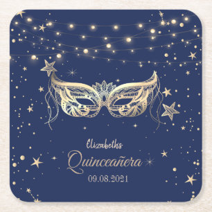 Masquerade, Navy Blue Sterren Quinceañera Vierkante Kartonnen Onderzetter