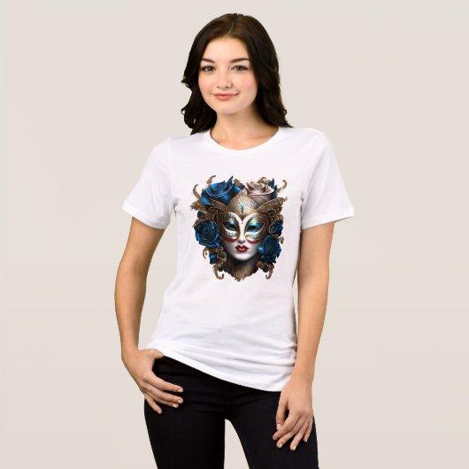 Masquerade oogmasker blauw goud rozen bloemen Vene Tri-Blend Shirt (Voorkant volledig)
