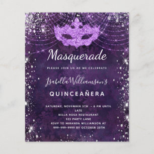 Masquerade paars Quinceanera-begrotingsuitnodiging Flyer