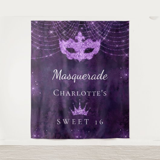 Masquerade paarse glitterstof Sweet 16 verjaardag Wandkleed (Voorkant)
