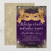 Masquerade Paarse Gouden Glitter Dust Verjaardagsf Kaart (Voorkant / Achterkant)