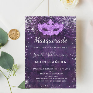 Masquerade paarse zilverglitterstof Quinceanera Kaart