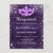 Masquerade paarse zilverglitterstof Quinceanera Uitnodiging Briefkaart (Voorkant)