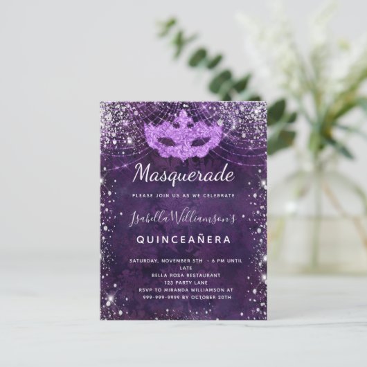 Masquerade paarse zilverglitterstof Quinceanera Uitnodiging Briefkaart (Staand voorkant)