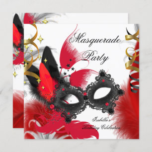 Masquerade Party Birthday Red Mask Black White Kaart
