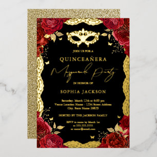 Masquerade Party Gold Red Rose Quinceanera Folie Uitnodiging