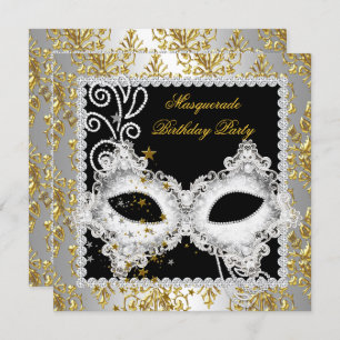 Masquerade Party Silver Gold Damask Black Masker 2 Kaart