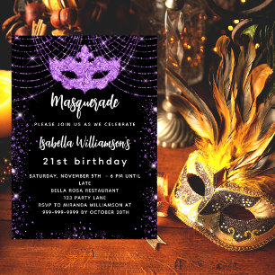 Masquerade party zwarte paarse glitter luxe kaart