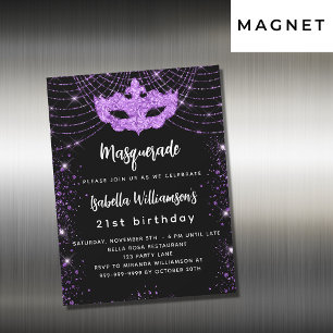 Masquerade party zwarte paarse glitter luxe magnetische uitnodiging