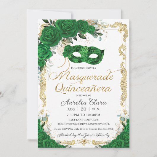 Masquerade Quinceañera Emerald Green Floral Gold Kaart (Voorkant)