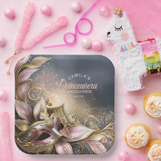 Masquerade Quinceanera Roos Goud ID1031 Papieren Bordje (Feest)