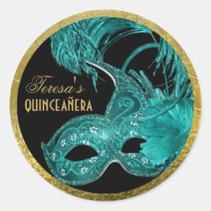 Masquerade quinceañera verjaardag aqua masker ronde sticker