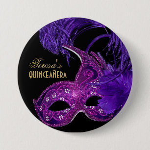 Masquerade quinceañera verjaardagscroze, paars mas ronde button 7,6 cm