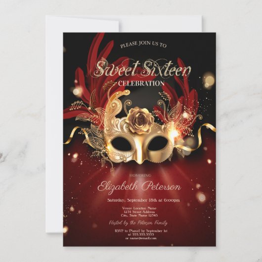 Masquerade Red Sweet 16 Invitation (Devant)