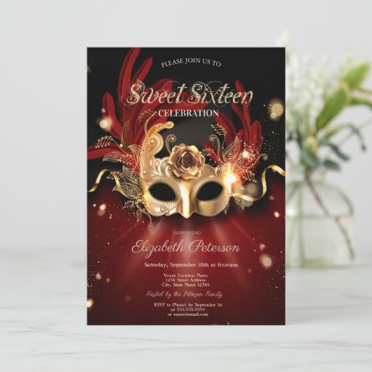 Masquerade Red Sweet 16 Invitation (Debout devant)