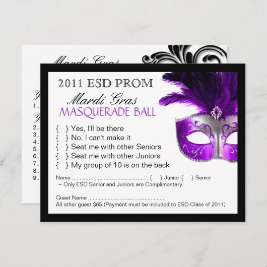 Masquerade Reply Cards RSVP Kaartje (Voorkant / Achterkant)