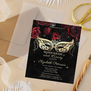 Masquerade Rode Rozen Gothic Sweet 16 Uitnodiging Briefkaart