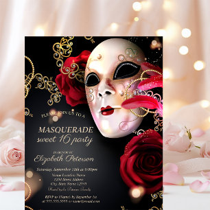 Masquerade Rode Rozen Sweet 16 Uitnodiging Briefkaart