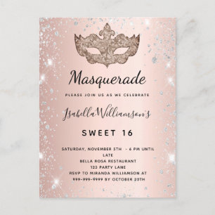 Masquerade roos Gold zilverglitterstof Sweet 16 Uitnodiging Briefkaart