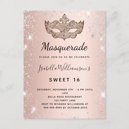 Masquerade roos Gold zilverglitterstof Sweet 16 Uitnodiging Briefkaart (Voorkant)