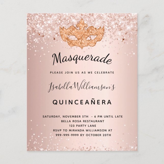Masquerade roos goud Quinceanera uitnodiging (Voorkant)