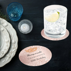 Masquerade roos gouden masker verjaardagsfeestje ronde kartonnen onderzetter