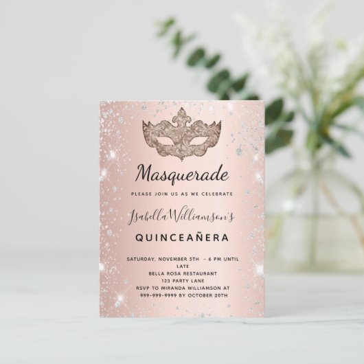 Masquerade roos goudglitter Quinceanera Uitnodiging Briefkaart (Staand voorkant)
