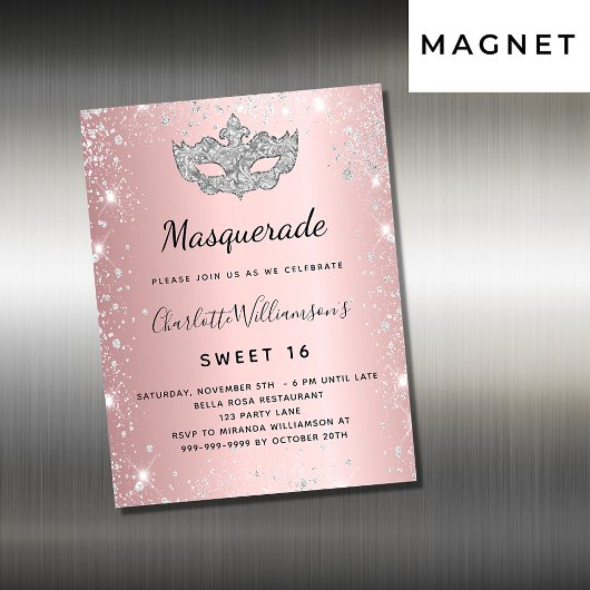 Masquerade rose argent Sweet 16 aimant invitation