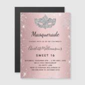 Masquerade rose argent Sweet 16 aimant invitation (Devant / Derrière)