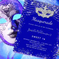 Masquerade royal blue Sweet 16 budget uitnodiging