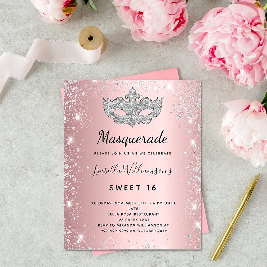 Masquerade roze Silver Sweet 16 budget uitnodiging Flyer