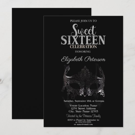 Masquerade, Silver Masque Sweet 16 Kaart (Voorkant / Achterkant)