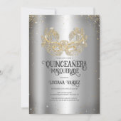 Masquerade Sparkly Gold Glitter Silver Quinceañera Kaart (Voorkant)