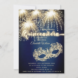 Masquerade sprankelend vuurwerk luxe Quinceañera Kaart