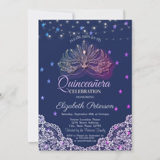 Masquerade, String Lights, Stars, Lace Quinceañera Kaart (Voorkant)