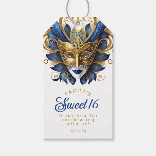 Masquerade Sweet 16 Blauw Goud ID1032 Cadeaulabel (Voorkant)