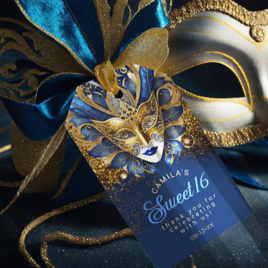 Masquerade Sweet 16 Blauw Goud V2 ID1032 Cadeaulabel