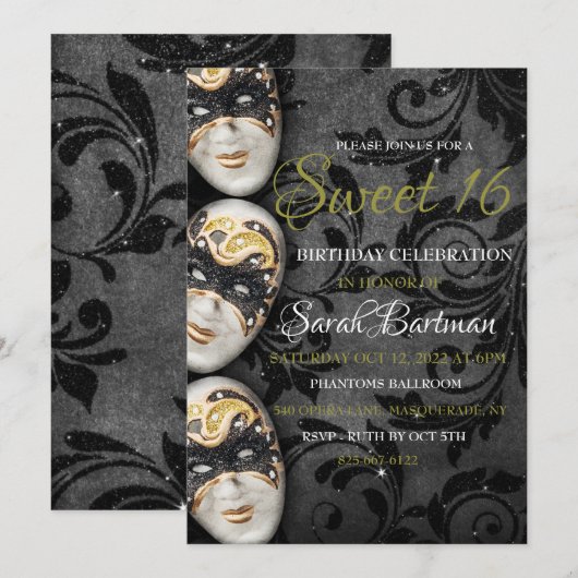 Masquerade Sweet 16 invitation (Devant / Derrière)