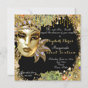 Masquerade, Sweet Sixteen, Gouden Glitter Kant Kaart