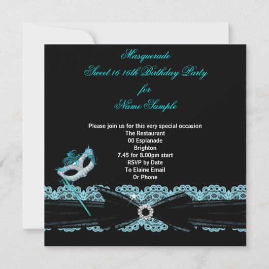 Masquerade Sweet Sixteen Sweet 16 Blauwgroen Blue Kaart (Achterkant)