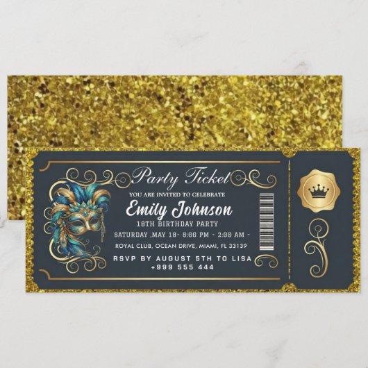 Masquerade Ticket Birthday Invitation Teal Gold (Devant / Derrière)