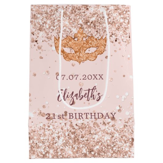 Masquerade verjaardag blush roos gouden naam medium cadeauzakje (Achterkant)