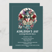 Masquerade verjaardagsvrouw met blauwgroen gouden  kaart (Voorkant / Achterkant)