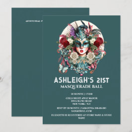 Masquerade verjaardagsvrouw met blauwgroen gouden  kaart