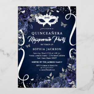 Masquerade Vlinder Navy Zilver Quinceanera Folie Uitnodiging