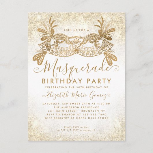 Masquerade Wit Goud Glitter Stof Verjaardagsfeestj Briefkaart (Voorkant)