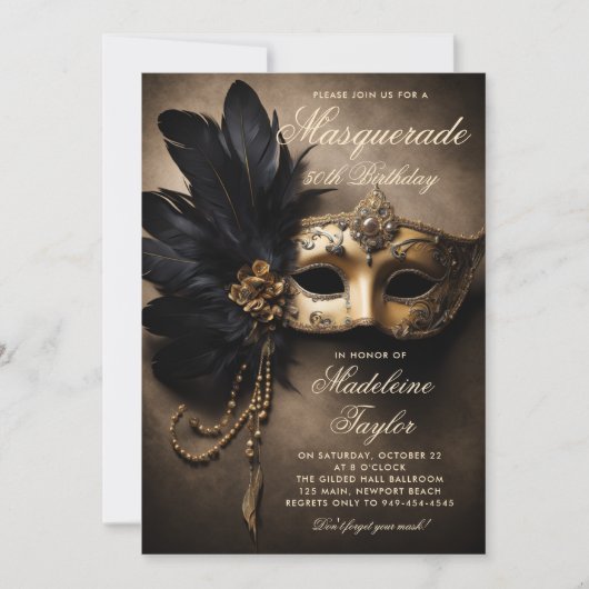 Masquerade Zwart Goud Masker Moody 50ste Verjaarda Kaart (Voorkant)