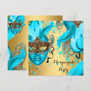 Masqueradebal Feest Teal Blauwe Maskers Goud 3 Kaart