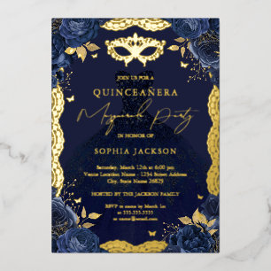 Masqueradefeest Navy Bloem Jurk Quinceanera Foi Folie Uitnodiging